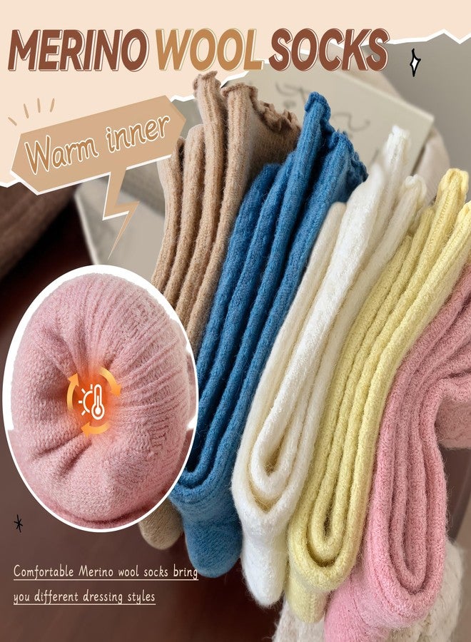 Eyean Womens Merino Wool Ruffle Socks Knit Warm Boot Winter Cozy Thermal Hiking Dress Crew Frilly Socks 5 Pairs (Pink Yellow Blue) - Image 3